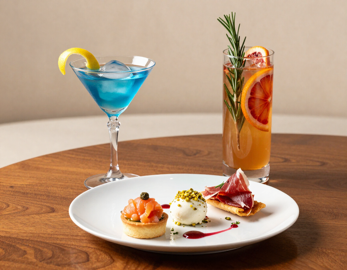 Abbinamento cocktail e piccoli assaggi gourmet serviti con cura.
