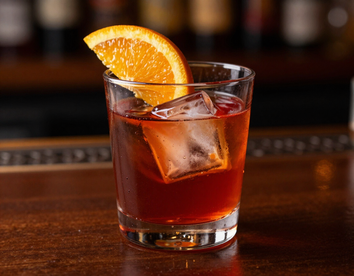 Cocktail ambrato in stile Negroni con arancia e ghiaccio.