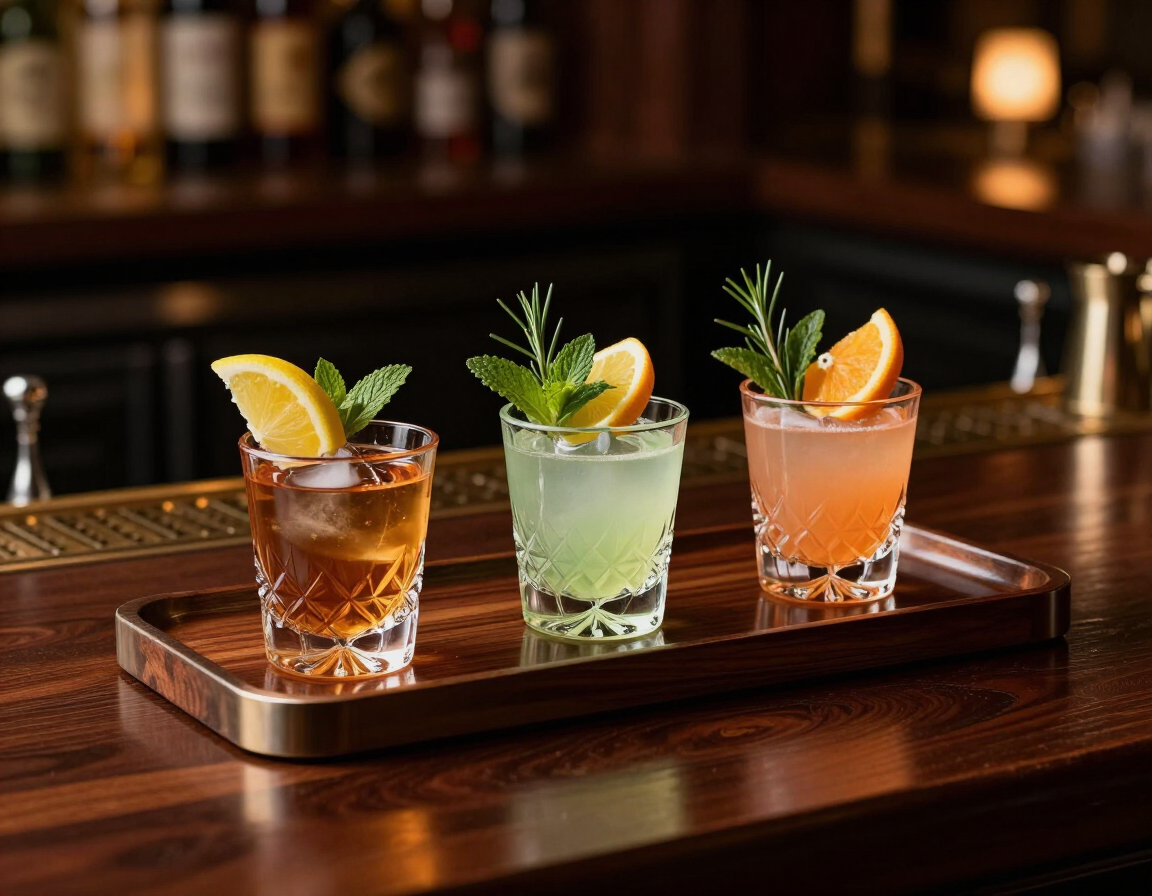 Tray di degustazione con tre mini cocktail, agrumi ed erbe aromatiche.