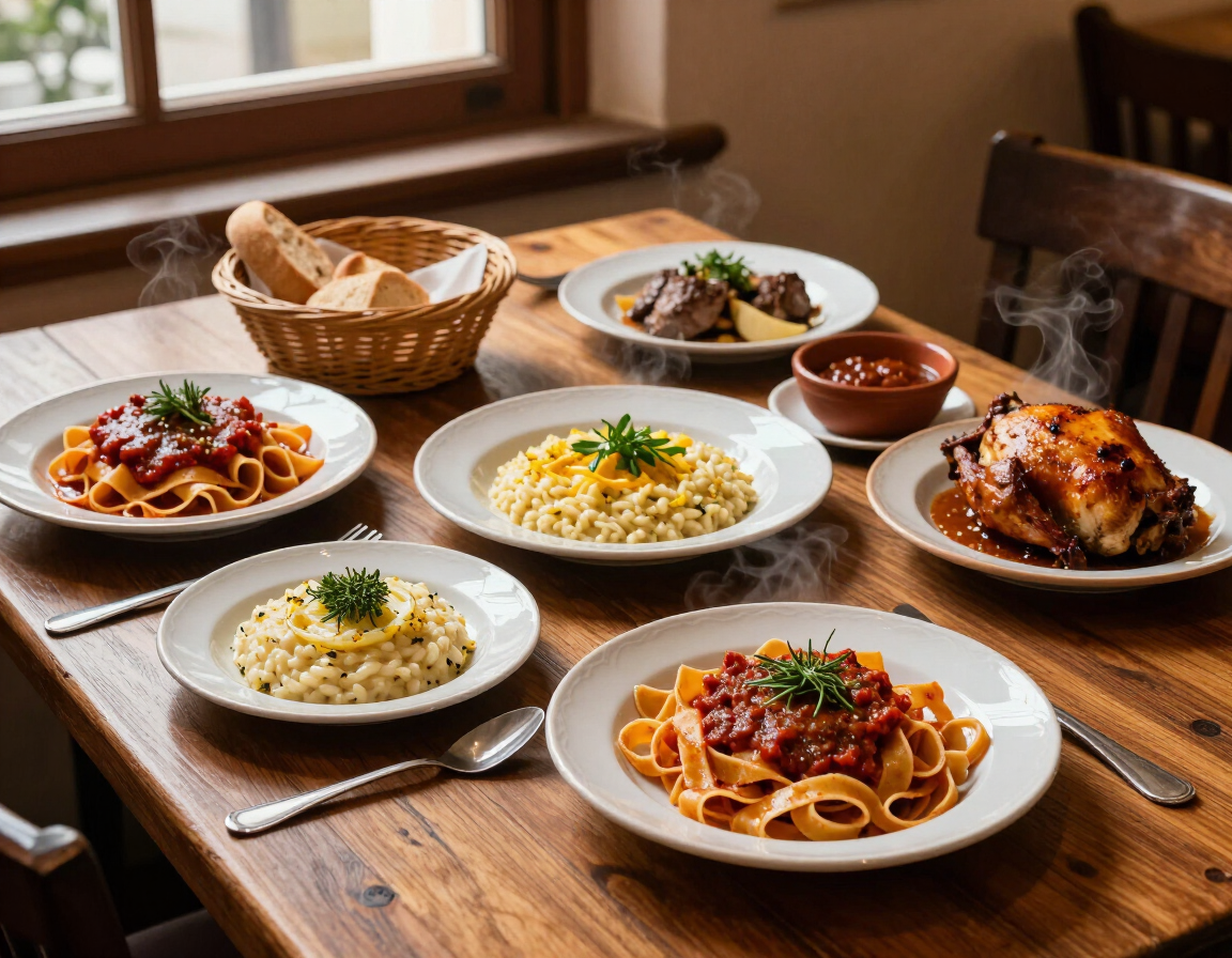 Menù del giorno con primi e secondi della trattoria, senza persone.