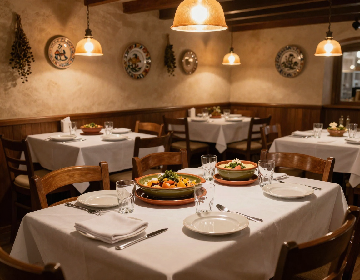 Sala accogliente della trattoria per il servizio del giorno, senza persone.