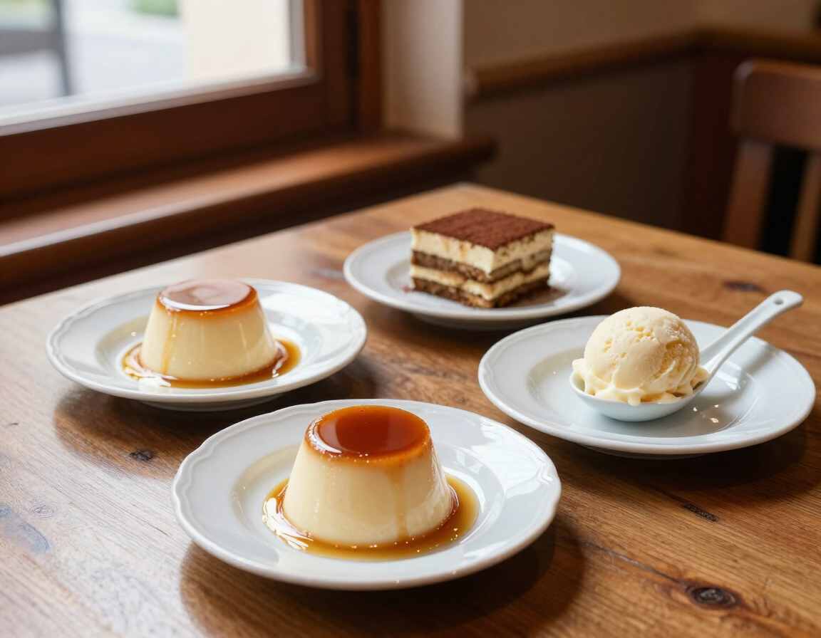 Dessert al cucchiaio e dolci della casa serviti con eleganza, senza persone.