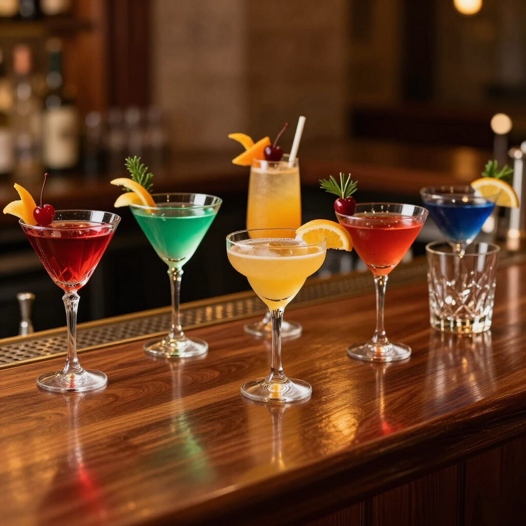 Bancone elegante con cocktail e bicchieri da aperitivo in un bar moderno, senza persone.