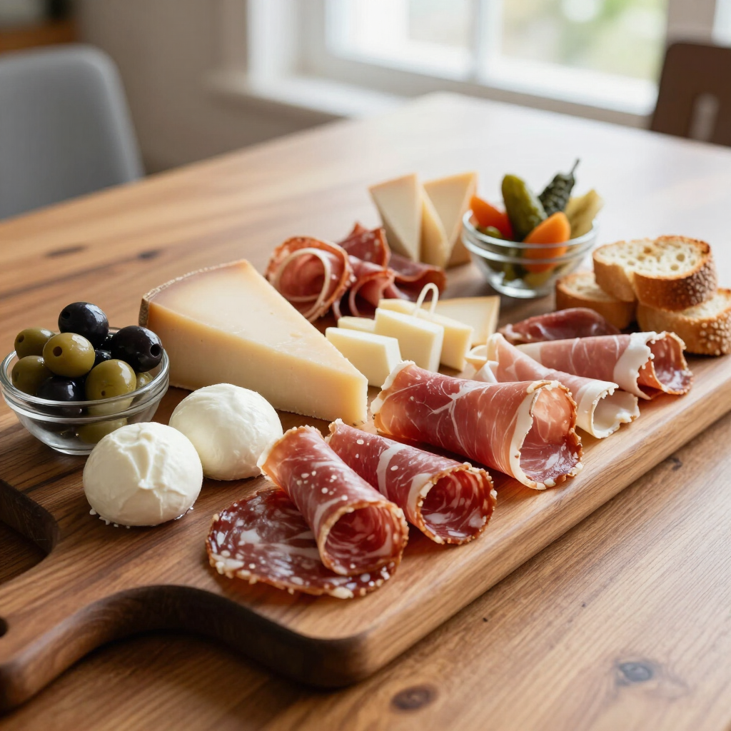 Tagliere da aperitivo con sfizi italiani servito in modo elegante, senza persone.