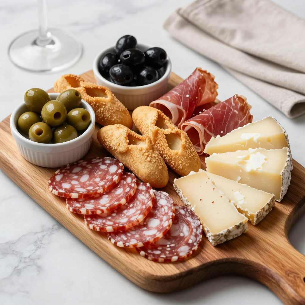 Tagliere aperitivo italiano con salumi, formaggi e stuzzichini, senza persone.