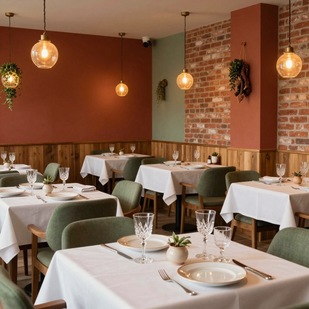 Sala elegante di una trattoria italiana moderna, senza persone.