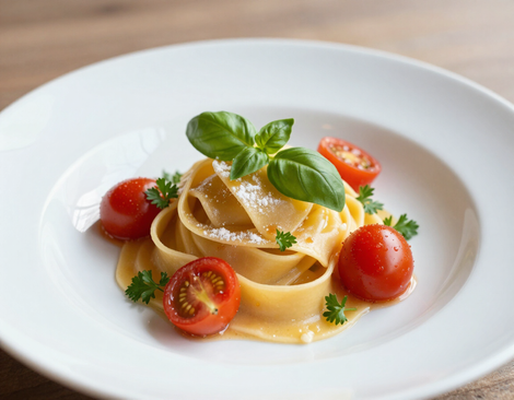 Piatto di pasta gourmet con ingredienti freschi e presentazione raffinata, senza persone.