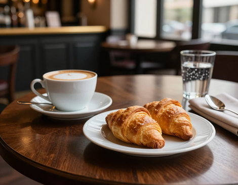 Colazione italiana con cappuccino e cornetti in un bar curato, senza persone.
