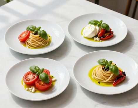 Piatti della trattoria italiana moderna preparati con attenzione al dettaglio, senza persone.