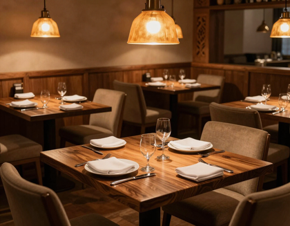 Sala accogliente di una trattoria italiana con tavoli apparecchiati, senza persone.