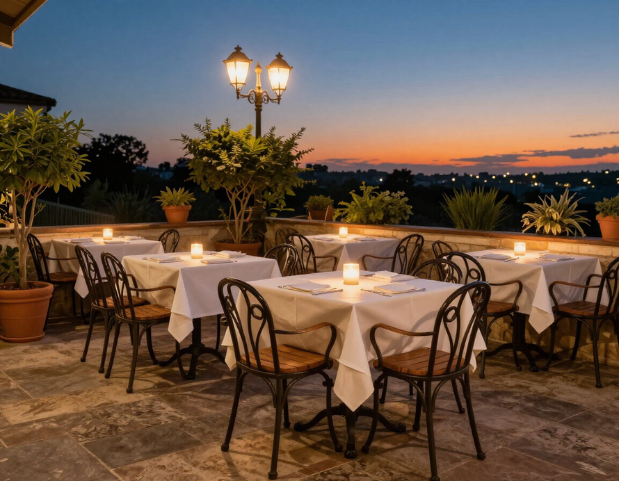Zona esterna del locale con tavoli e sedute in un'atmosfera serale elegante, senza persone.