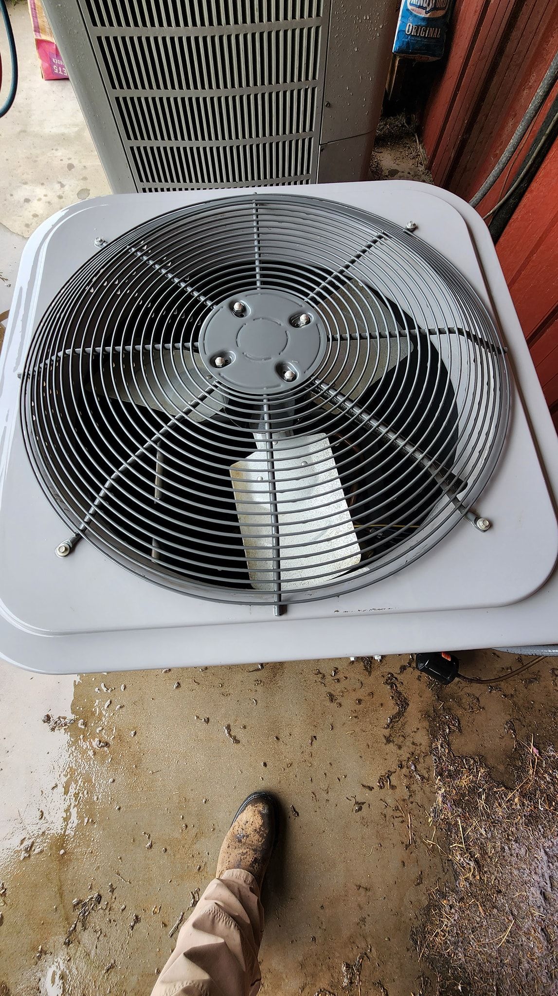 A person is standing next to a fan on the ground.