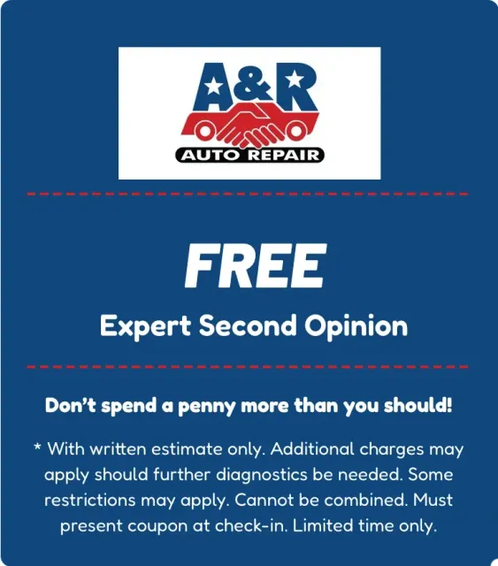A & R Auto Repair coupon offering a free expert second opinion with a written estimate. Present coupon at check-in.