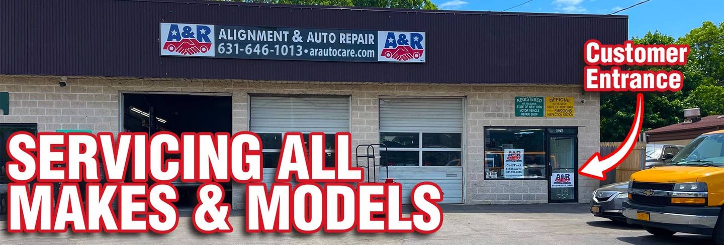 A & R Auto Repair shop entrance at 376 E Main St in Smithtown, NY, with service bays and customer parking.