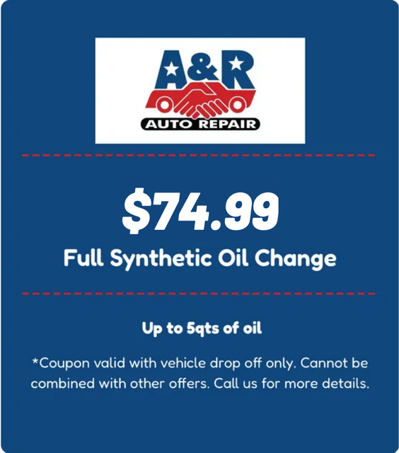 A & R Auto Repair coupon for full synthetic oil change for up to 5 quarts of oil with vehicle drop off.