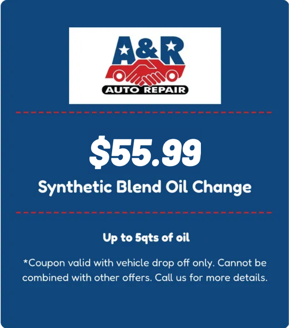A & R Auto Repair coupon for synthetic blend oil change, valid for up to 5 quarts of oil with vehicle drop off.