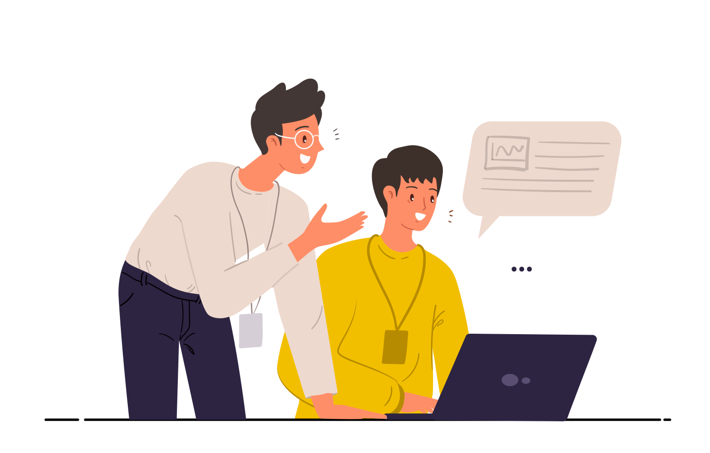 A man is standing next to a man sitting in front of a laptop computer.
