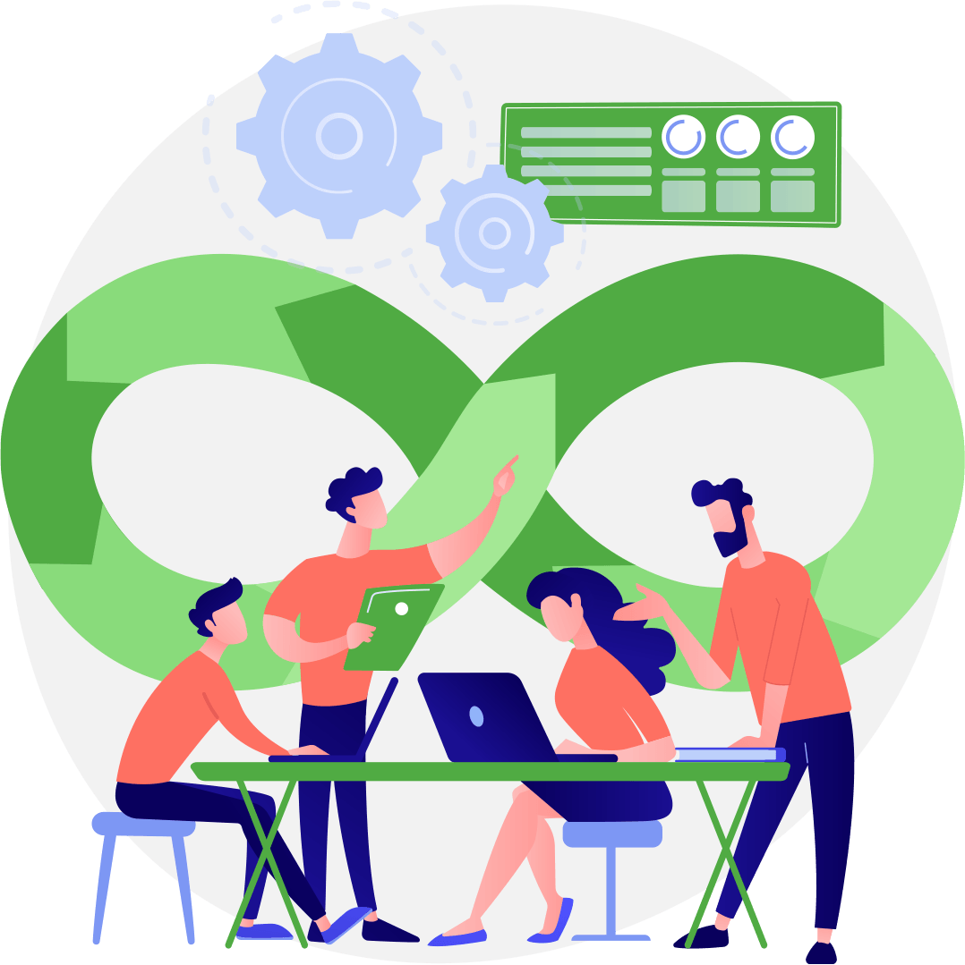 A group of people are sitting at a table with laptops.