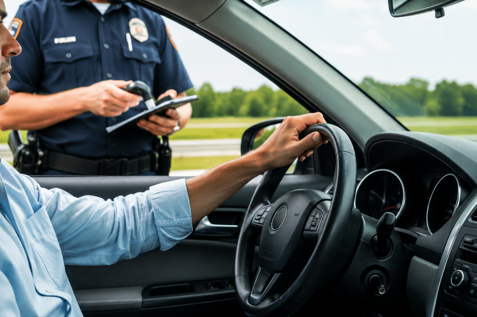 Police officer issuing a ticket to a driver in a car stopped roadside