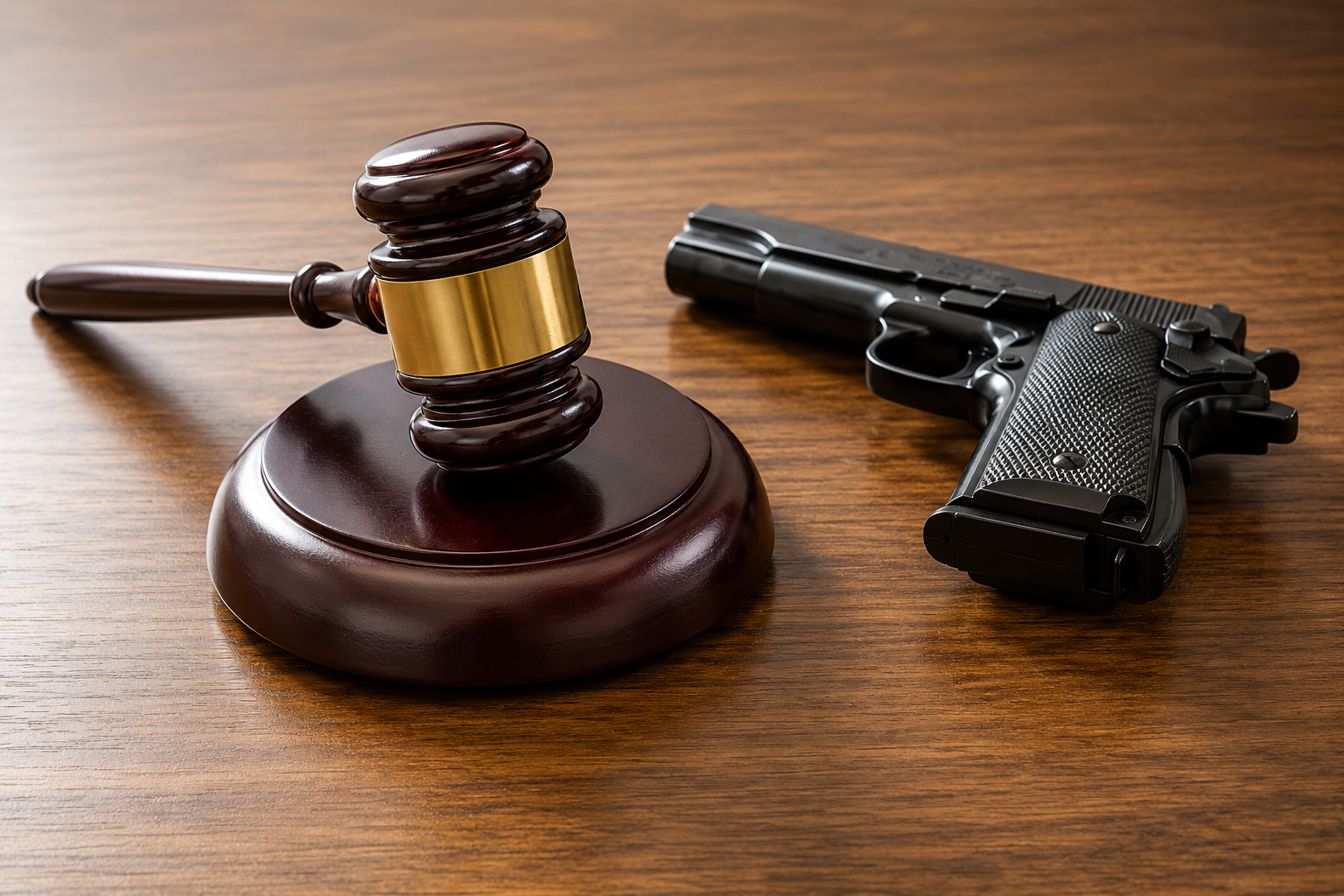 Judge’s gavel beside a black handgun on a wooden table