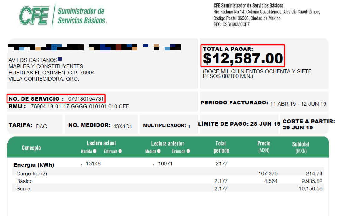 Recibo de CFE sin paneles solares 