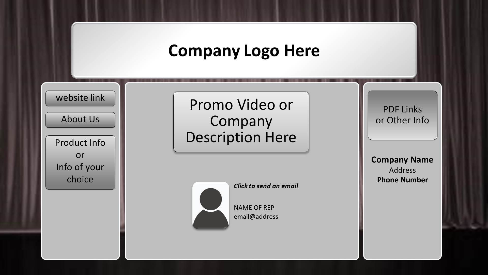 A virtual trade show booth template with a central screen, a desk, and two side display panels against a curtain backdrop.