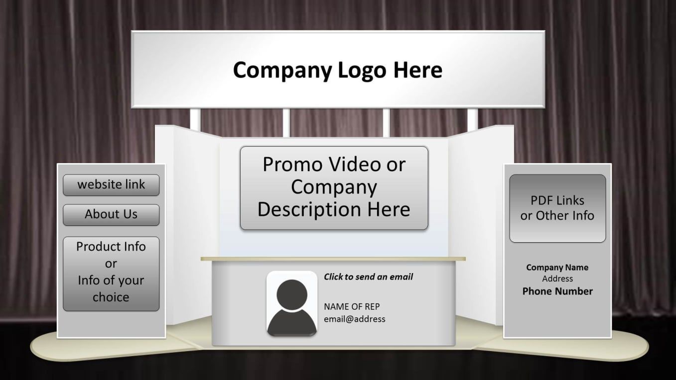 A virtual trade show booth template with a central screen, a desk, and two side display panels against a curtain backdrop.