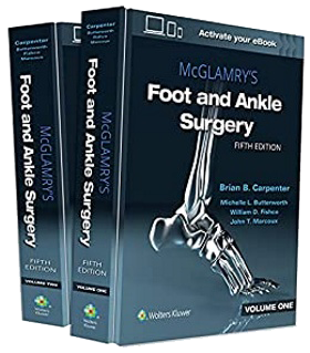 Two volumes of the fifth edition of McGlamry's Foot and Ankle Surgery textbook, featuring a metallic foot anatomy graphic.