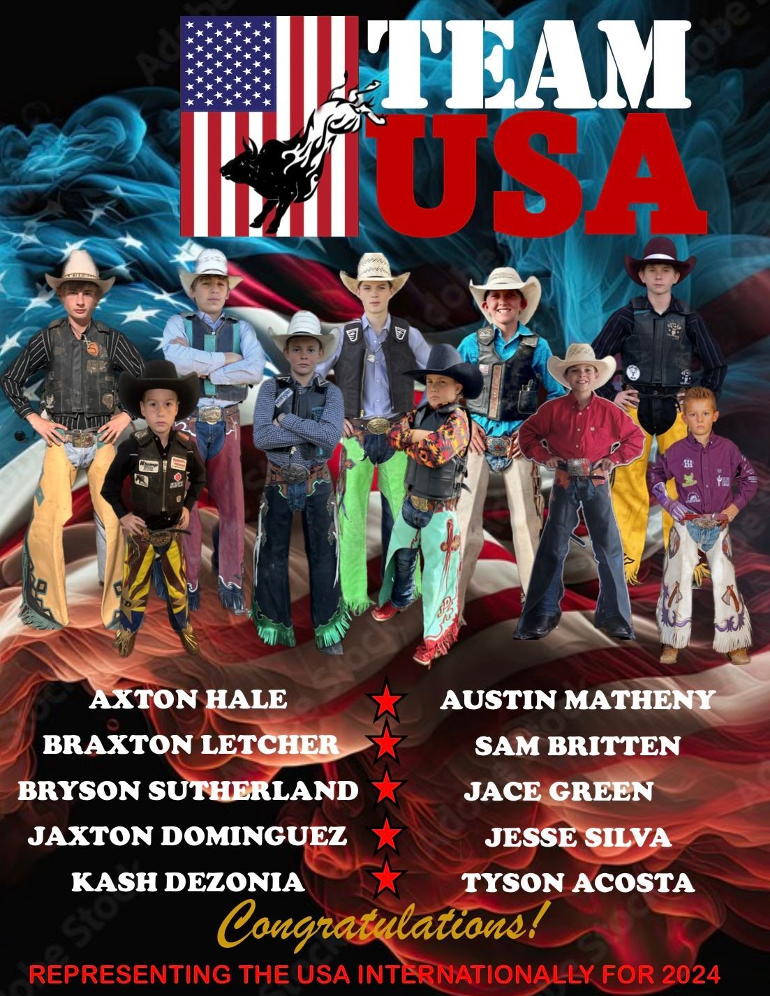 Team USA poster with young cowboys representing the USA internationally for 2024.