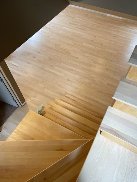 A view of a wooden staircase from above