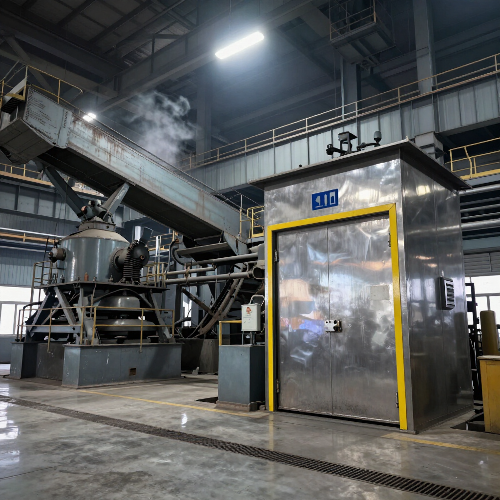Industrial warehouse with metal machinery, a sloped conveyor, and a yellow-trimmed steel enclosure amid steam.