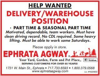 Help wanted ad for a part-time Delivery/Warehouse position at Ephrata Agway in Ephrata, PA.