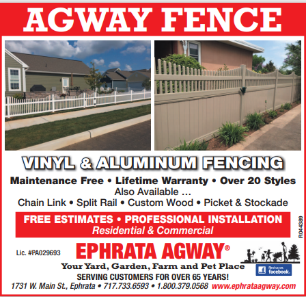 Advertisement for Agway Fence, featuring vinyl and aluminum fencing. Includes photos, contact info, and services.
