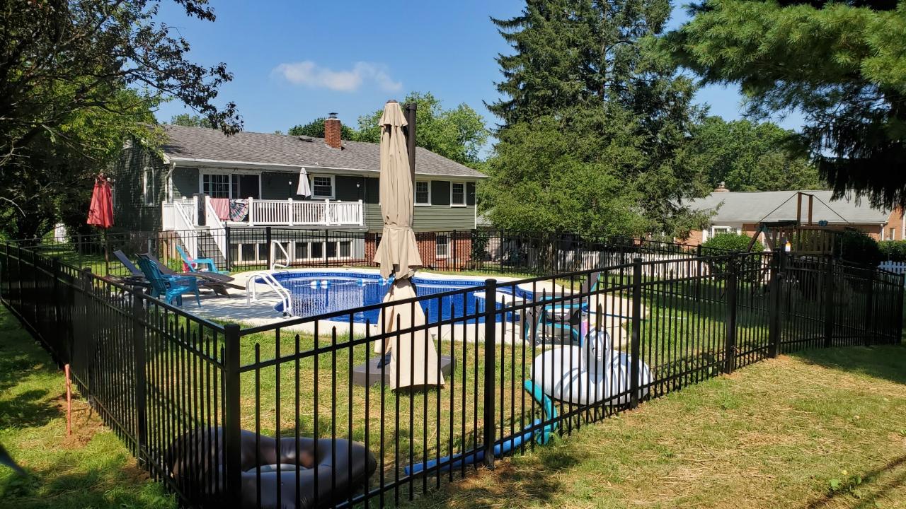 A backyard with a pool, fence, and house; green trees and grass on a sunny day.