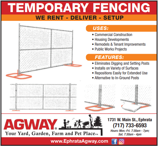 Advertisement for temporary fencing rental, including uses and features, with contact information for AGWAY in Ephrata, PA.