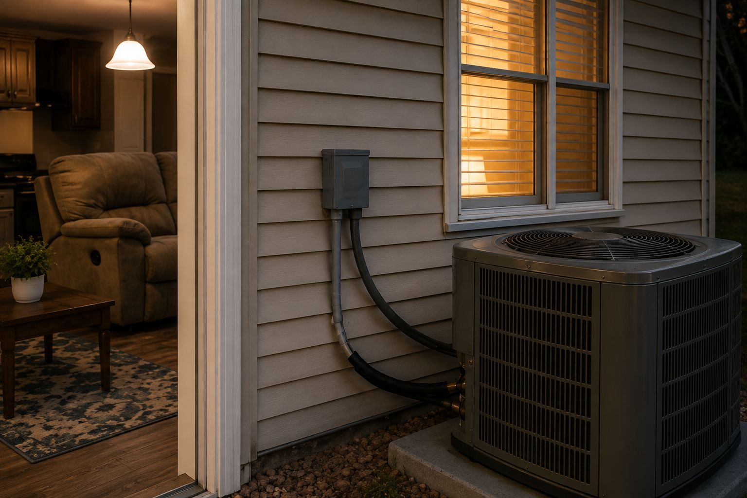 Air conditioner unit beside a house wall at dusk, with lit window and indoor living room visible nearby