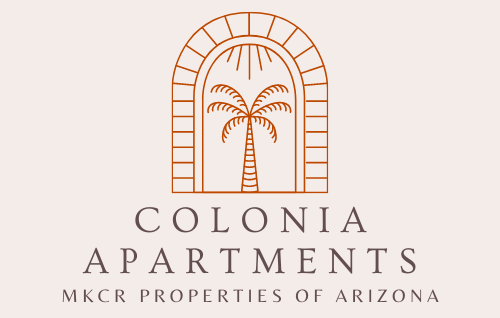 Colonia Apartments logo with palm tree and arch in brown and black on a light background