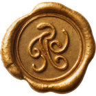 Gold wax seal with a swirling three-loop emblem embossed in the center