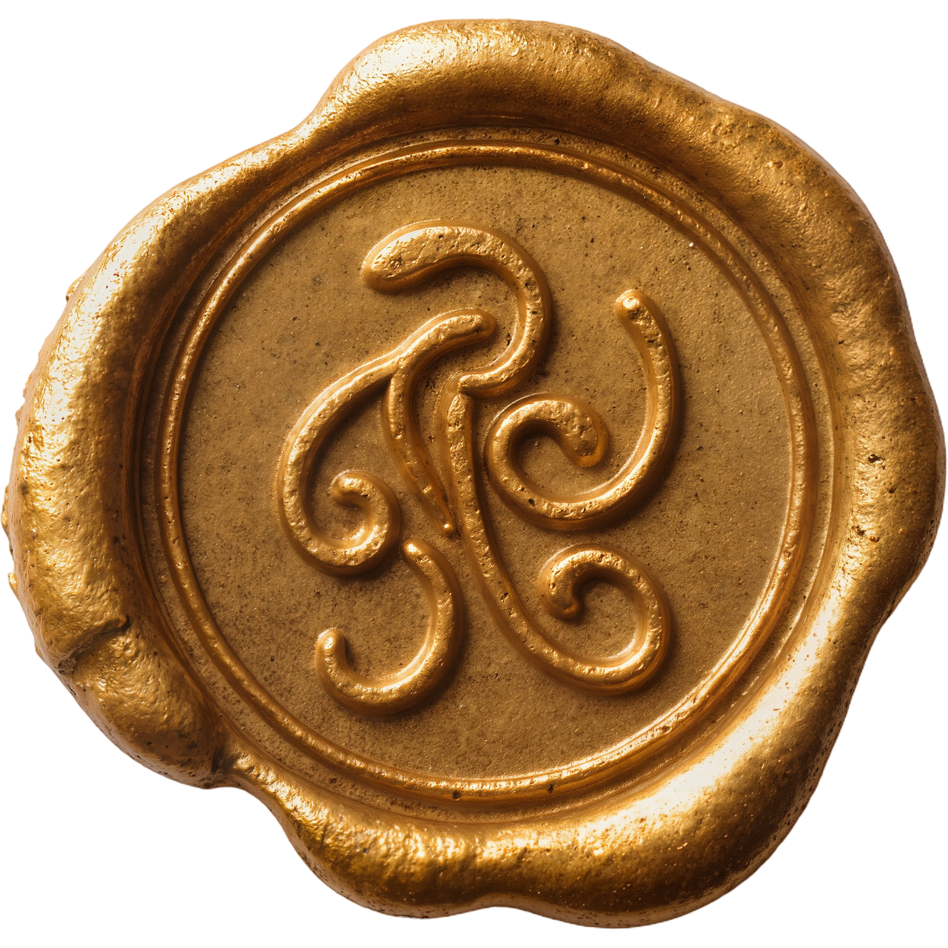 Gold wax seal with an ornate swirling emblem embossed in the center