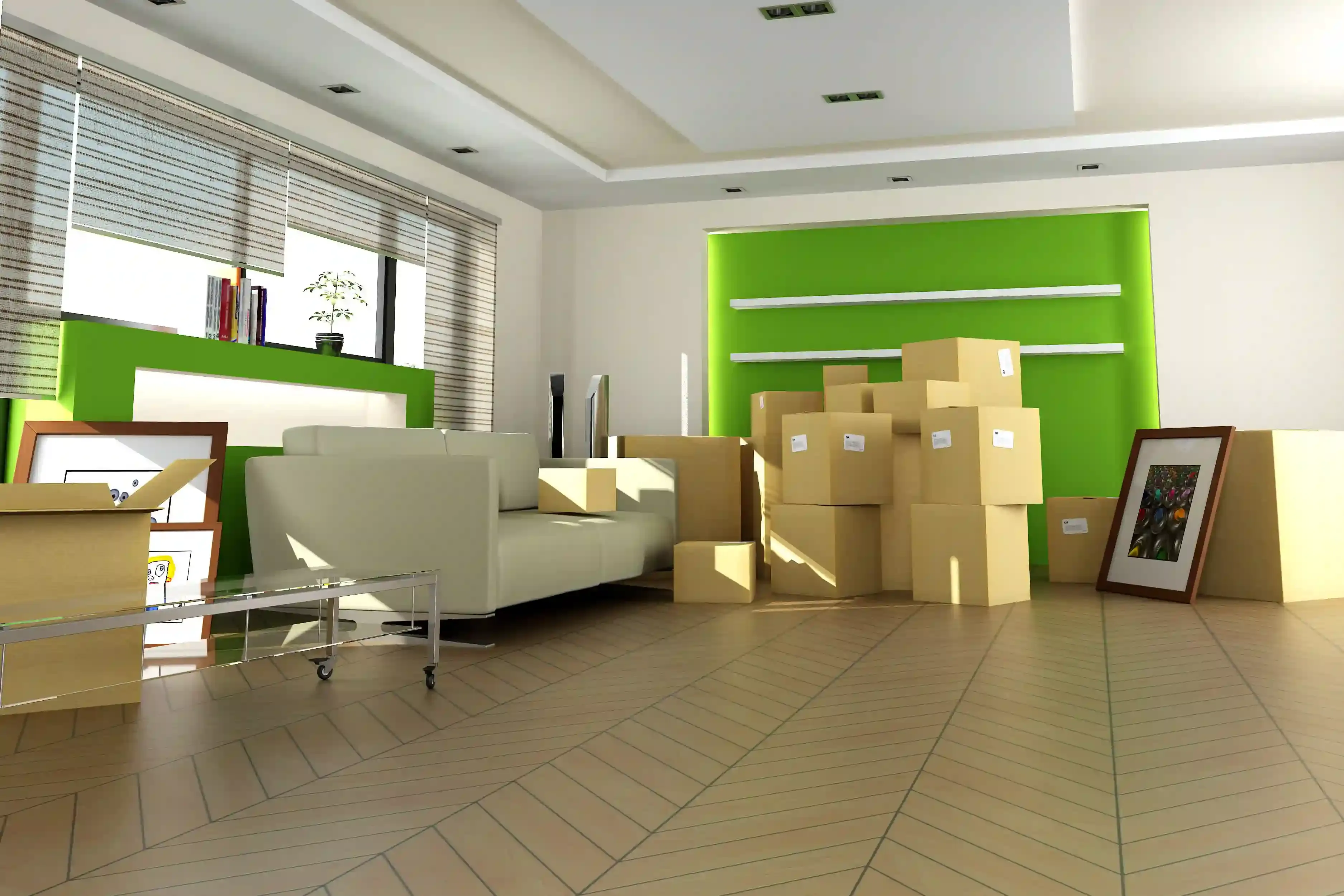 Bright living room with green accents, stacked moving boxes, and a chair near large windows