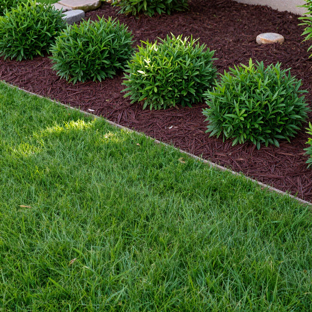 A well-manicured lawn meeting a garden bed mulched with dark brown wood chips and small, rounded green shrubs. A well-manicured lawn meeting a garden bed mulched with dark brown wood chips and small, rounded green shrubs.