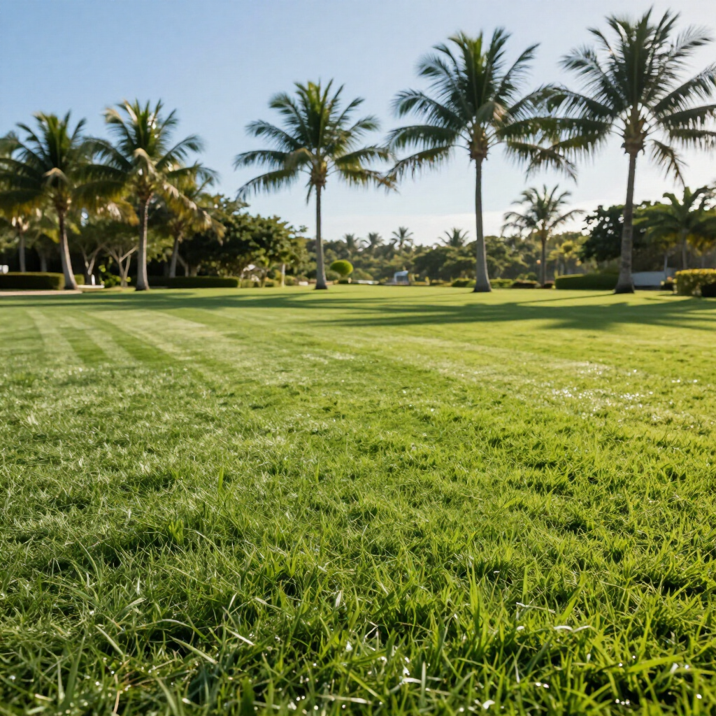 A sunny, manicured lawn leads to a row of palm trees under a clear blue sky.