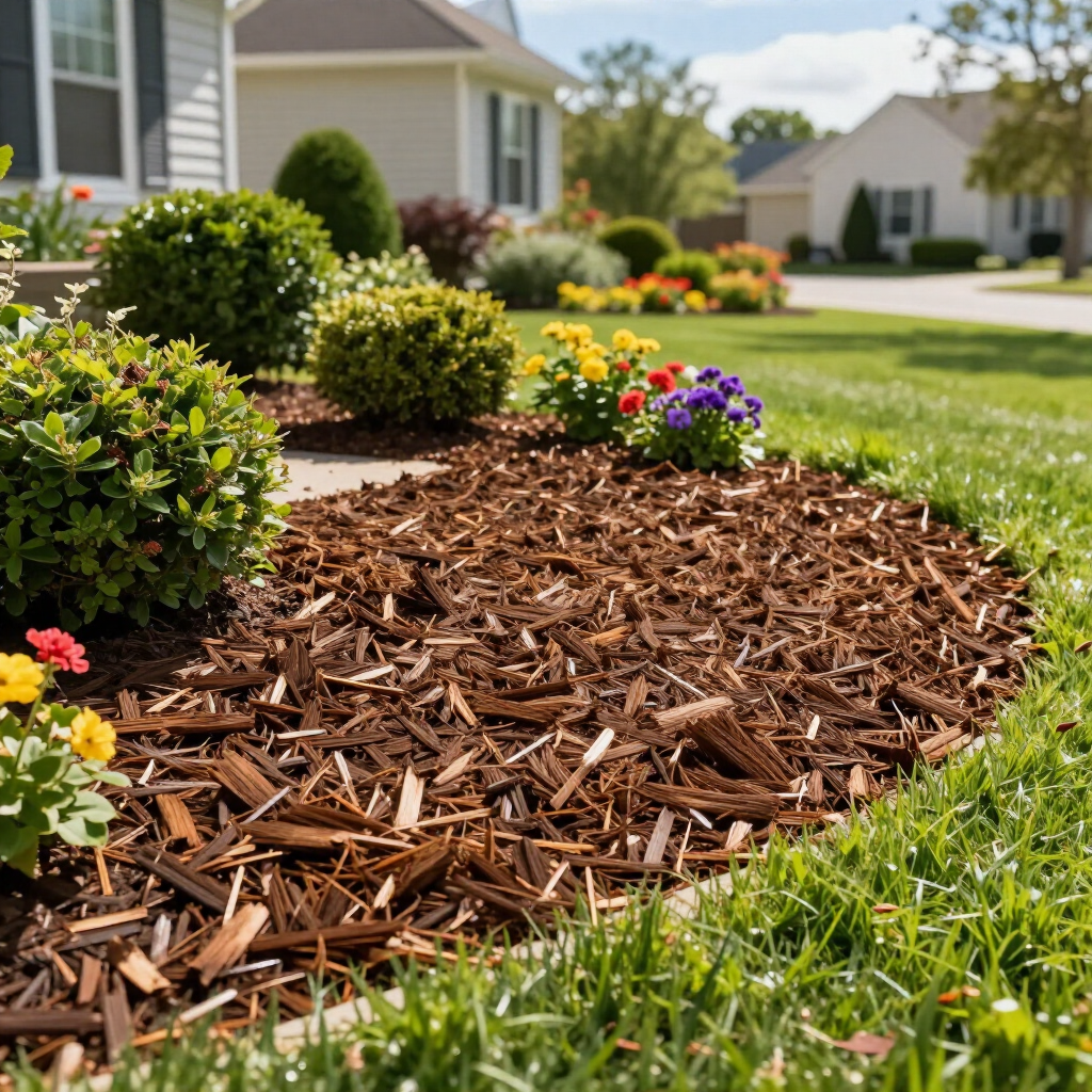 A garden bed with brown mulch, small green shrubs, and colorful flowers next to a lawn and houses on a sunny day.