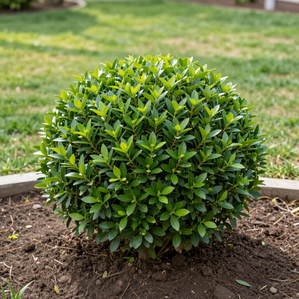 A vibrant green, spherical evergreen shrub planted in dark soil within a garden bed, with a blurred lawn in the background.