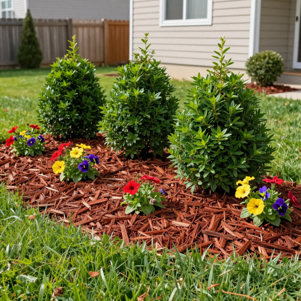 Three small, cone-shaped shrubs surrounded by red mulch and colorful pansies in front of a house with tan siding.
