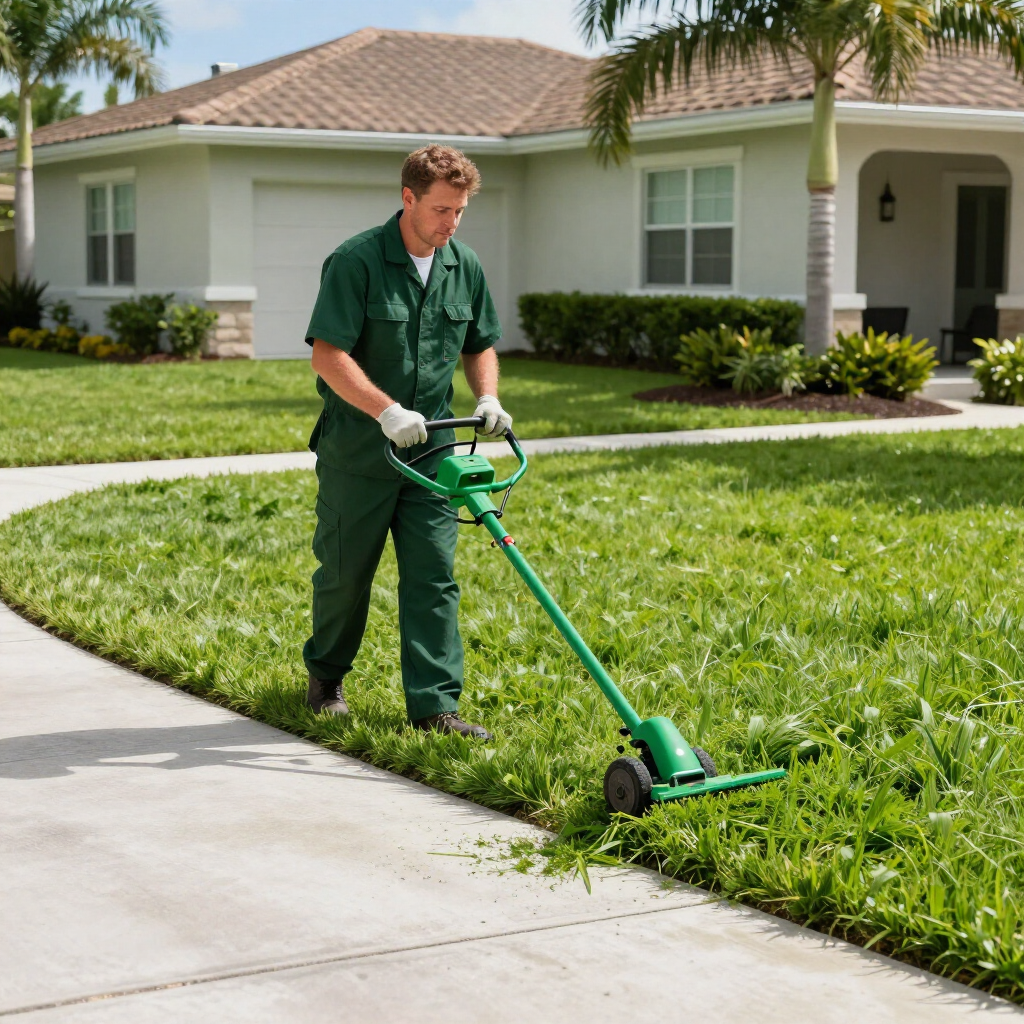 A person in a green uniform uses a green string trimmer to edge a lawn next to a concrete driveway and house.