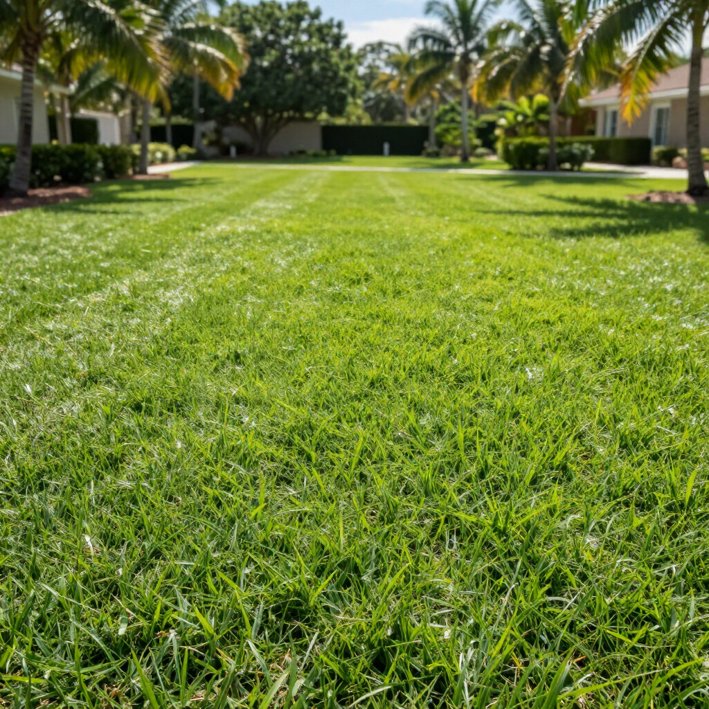 A vibrant, freshly mown green lawn stretches toward a row of palm trees and residential buildings on a sunny day.