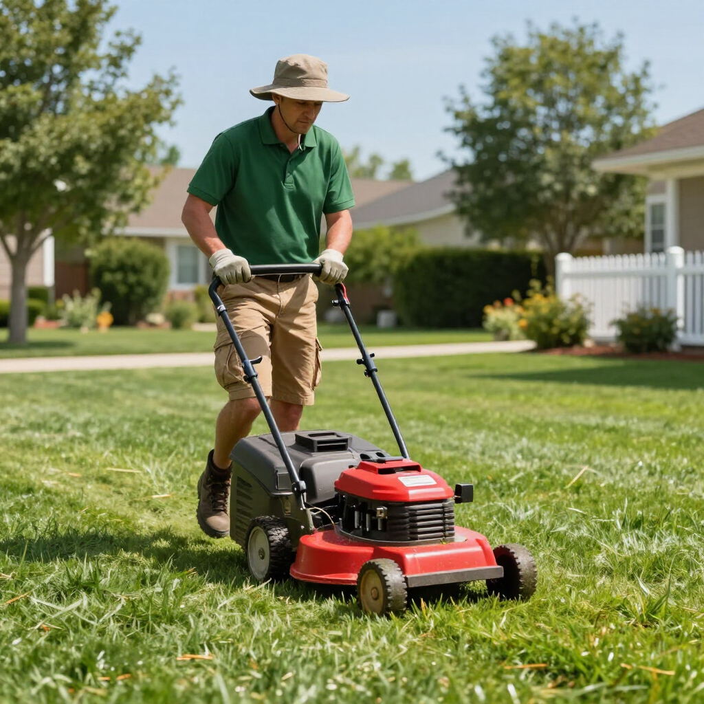 A person in a sun hat, green polo, and khaki shorts mows a suburban lawn with a red push mower on a sunny day.
