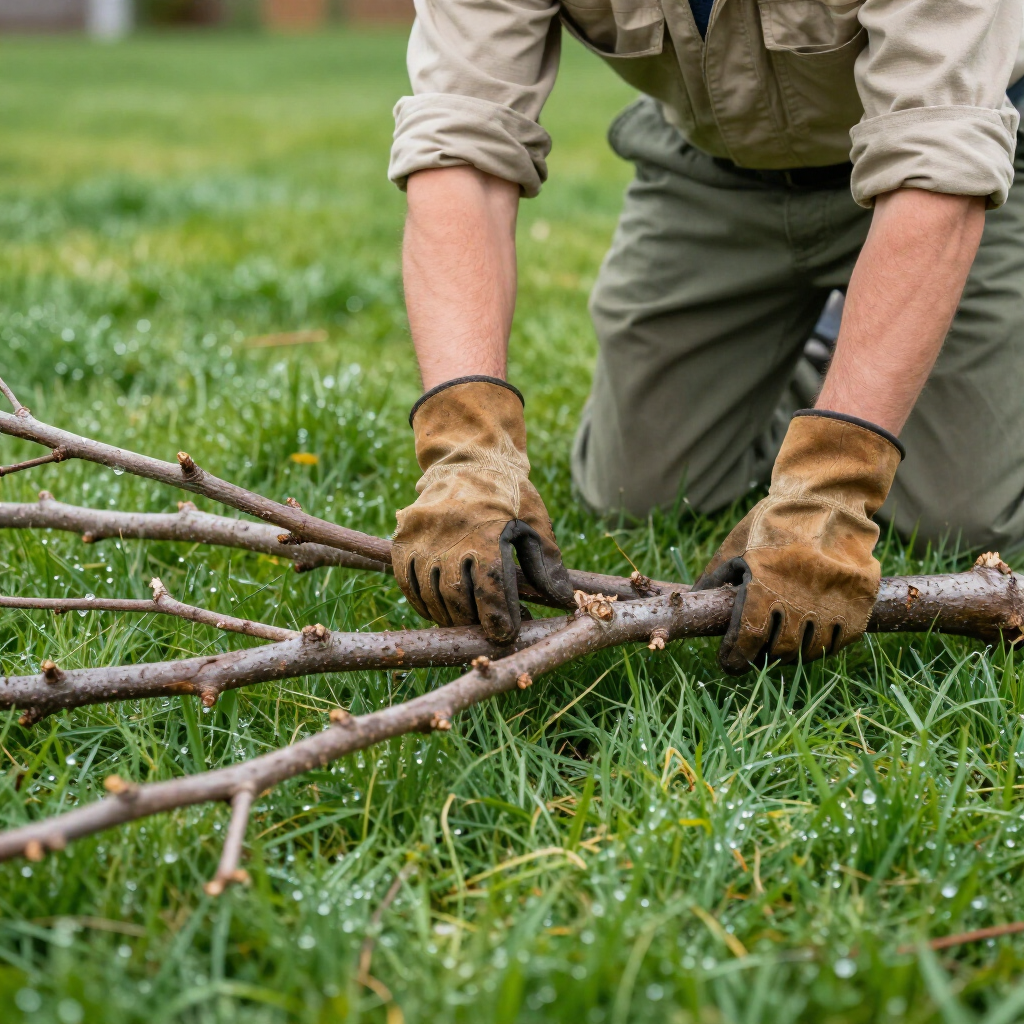 A gardener wearing tan gloves tends to small green plants in a garden bed in front of a white picket fence.