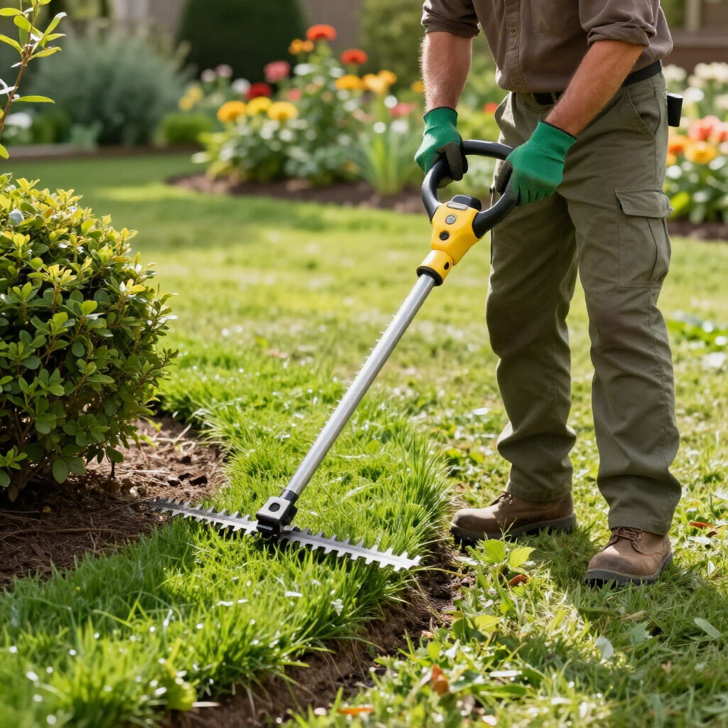 A person in green cargo pants and gloves uses a long-handled electric garden edger to trim grass along a flower bed.